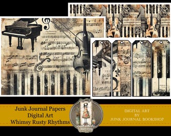 Könnte beinhalten: Digitale Kunst-Druckvorlagen mit einem Vintage-Klavier, einer Geige und Notenblättern in einem rostigen, verspielten Thema. Die Papiere sind perfekt für Junk Journaling, Scrapbooking oder Kartenherstellung.