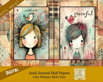 Könnte beinhalten: Zwei digitale Junk Journal-Halbpapiere mit Aquarell-Illustrationen von Mädchen mit Vögeln auf dem Kopf. Das erste Mädchen hat blonde Haare und einen roten Vogel mit dem Wort "authentisch" über ihr. Das zweite Mädchen hat braunes Haar und einen roten Vogel mit dem Wort "anmutig" über ihr.