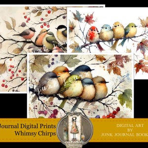 Digital Background Papers, Soft Whimsy Chirps, Bird Prints for your Junk Journals. Junk Journal Bookshop Digital Art Prints.