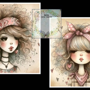 May include: Two digital illustrations of girls with curly hair wearing pink and red bandanas. Both girls have heart-shaped earrings and are drawn in a cartoon style.