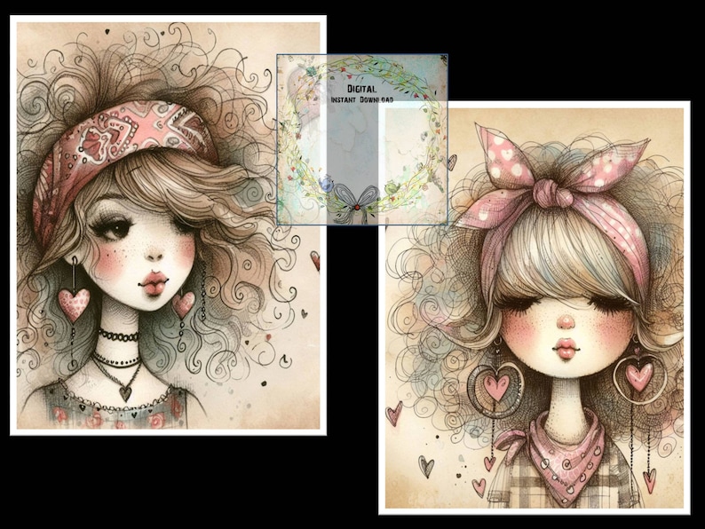 May include: Two digital illustrations of girls with curly hair wearing pink and red bandanas. Both girls have heart-shaped earrings and are drawn in a cartoon style.