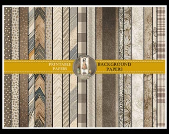 Könnte beinhalten: Eine Sammlung druckbarer Hintergrundpapiere in verschiedenen Mustern und Farben. Designs umfassen Punkte, Chevron-Muster, Streifen und florale Motive in Braun-, Beige- und Grautönen. Der Text lautet "PRINTABLE PAPERS" und "BACKGROUND PAPERS".