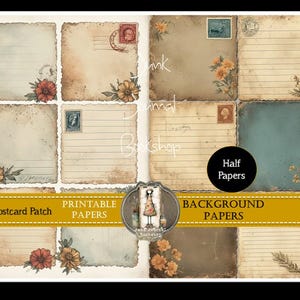 May include: A collage of vintage-style printable papers with a distressed aesthetic. The papers feature aged textures, floral accents, postage stamps, and lined writing areas. The text on the image reads "The Postcard Patch", "Printable Papers", and "Background Papers".