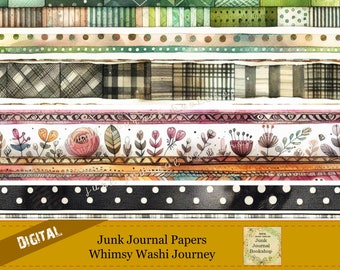 Może przedstawiać: Cyfrowe papiery do druku do junk journaling. Papiery prezentują różnorodne wzory, w tym kropki, kratę i wzory kwiatowe. Tekst "Junk Journal Papers Whimsy Washi Journey" jest wyświetlany na żółtym tle.