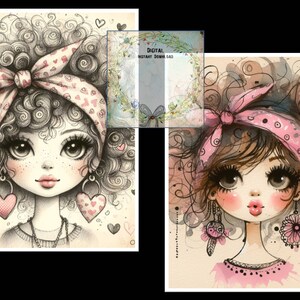 May include: Two digital illustrations of girls with curly hair, wearing pink headbands with white hearts. The girl on the left is drawn in black and white with pink accents, while the girl on the right is drawn in watercolor with pink and brown accents. Both girls have large eyes and are wearing earrings.