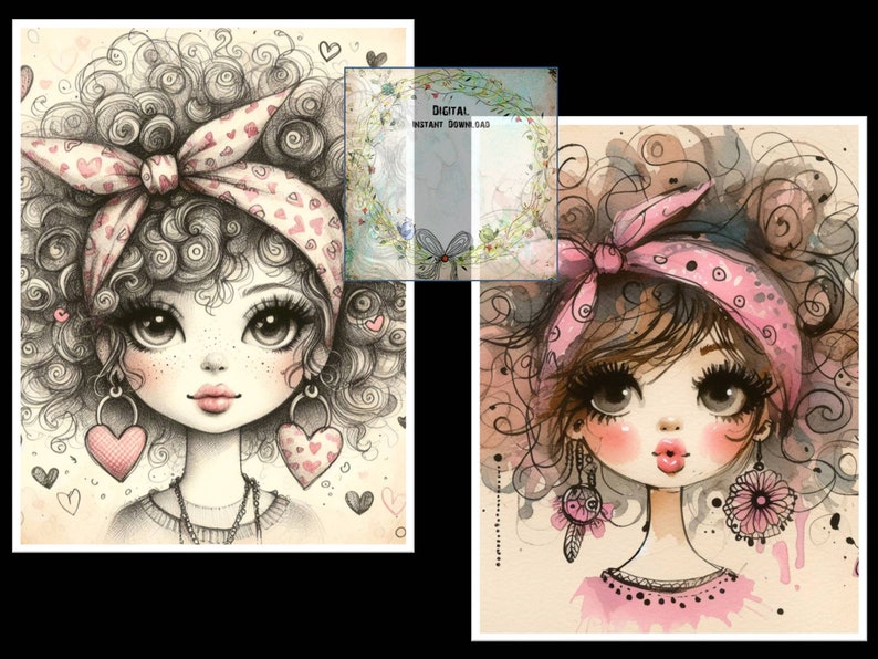 May include: Two digital illustrations of girls with curly hair, wearing pink headbands with white hearts. The girl on the left is drawn in black and white with pink accents, while the girl on the right is drawn in watercolor with pink and brown accents. Both girls have large eyes and are wearing earrings.