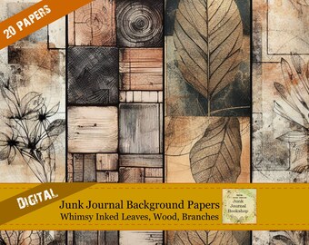May include: Digital download of 20 junk journal background papers featuring whimsical inked leaves, wood, and branches. The papers are in a collage style with a variety of textures and colors.
