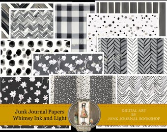 Junk Journal Digital Paper: Whimsy Ink Art, 20 Printable Pages (Digital Download)