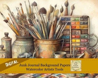 Digital Background Prints for Junk Journals. Rustic Artist Watercolor Tools.  Junk Journal Bookshop Digital Download and Print.