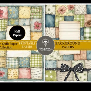 May include: A digital collage featuring two panels of worn quilt paper. The papers have a patchwork design with floral and gingham patterns in pastel colors. The text "Worn Quilt Paper PRINTABLE PAPERS Collection" is displayed on a gold banner.