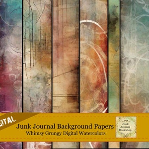 May include: Digital junk journal background papers with a whimsical grunge style. The papers feature a variety of abstract watercolor designs in shades of brown, red, green, and blue.