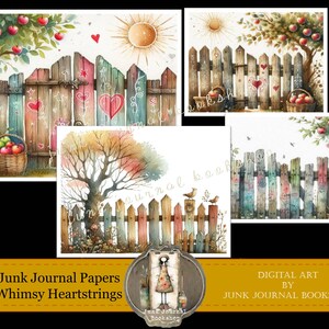 Puede incluir: Cuatro impresiones de arte digital que presentan una escena pintada de forma caprichosa de una valla de madera con corazones, un árbol y manzanas. Las impresiones se titulan "Junk Journal Papers Whimsy Heartstrings" y "Digital Art by Junk Journal Bookshop".