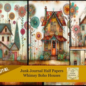 Digital Background Prints for Junk Journal Pages.  Half Papers. Digital Prints of a Whimsical Boho Houses.  Junk Journal Bookshop.