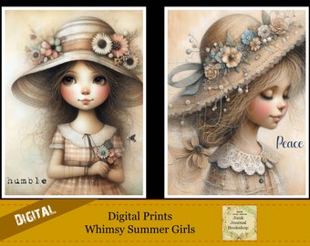 May include: Two digital prints of whimsical summer girls with flowers in their hair and large hats. The girl on the left is holding a bouquet of flowers and the text "humble" is at the bottom of the image. The girl on the right has her eyes closed and the text "Peace" is at the bottom of the image.