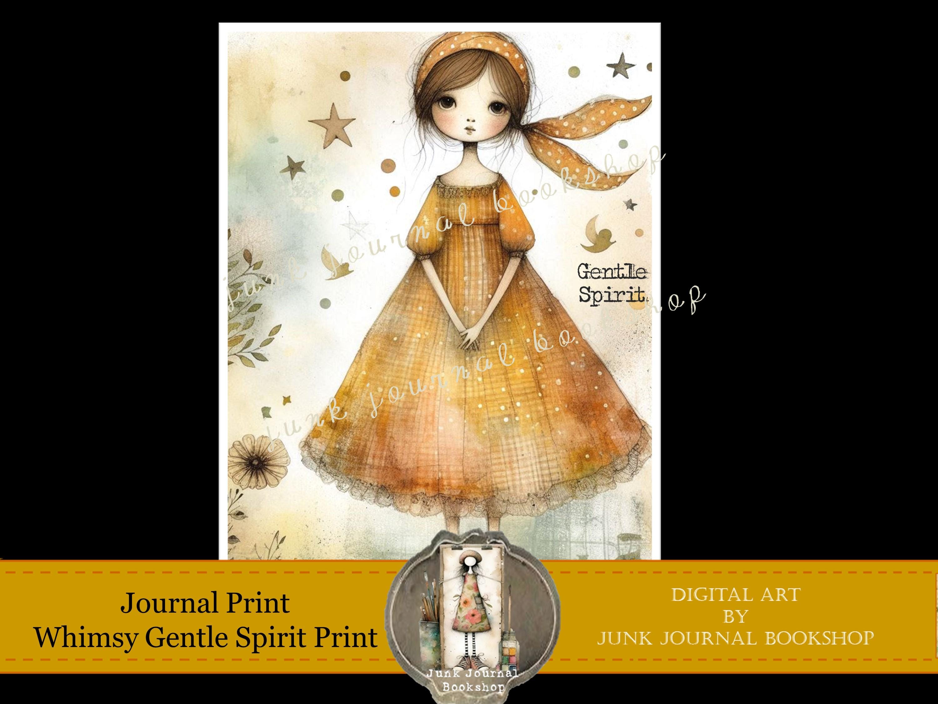 Digital Watercolor Art Print of Whimsical Humble Spirit Girl.  Portrait Style.  Junk Journal Digital Prints.  Instant Download.