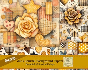 May include: Digital collage paper pack with a whimsical design featuring yellow roses, hearts, stars, and plaid patterns. The papers are perfect for scrapbooking, card making, and other craft projects.