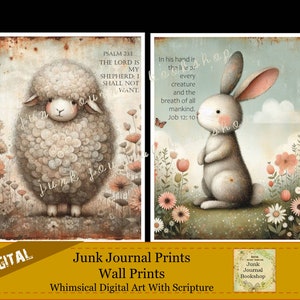 May include: Two digital art prints featuring a sheep and a rabbit in a field of flowers. The prints include bible verses: "Psalm 23:1 The Lord is my shepherd: I shall not want." and "Job 12:10 In his hand is the life of every creature and the breath of all mankind."
