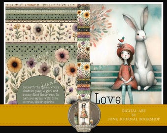 Whimsy Whiskers Junk Journal Kit: Girl & Bunny Digital Art (Digital Download)