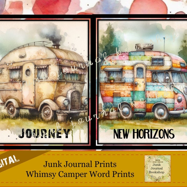 Digital Art of Whimsical Vintage Rusty Old Camper and Fun Words of Adventure. Junk Journal Bookshop Digital Prints.  Instant Download.