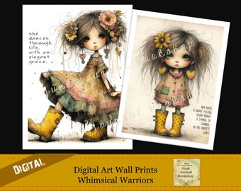 Digital Art Prints, Whimsical Warriors. Wall Prints for Journal Papers or Girls Room.  Digital Art by Junk Journal Bookshop.  Instant Print.