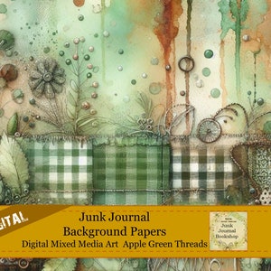 Peut inclure: Papiers de fond numériques pour journal de rebut avec un motif à carreaux vert et blanc, des lavis d'aquarelle et des détails floraux. Le texte "Junk Journal Background Papers" et "Digital Mixed Media Art Apple Green Threads" est visible.