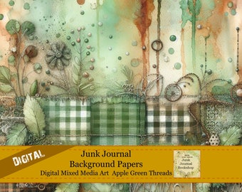 Green Apple Threads Junk Journal Papers: Whimsy Digital Backgrounds (Digital Download)