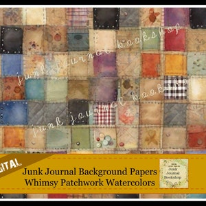 Puede incluir: Descarga digital de papeles de fondo de patchwork de acuarela para el diario de chatarra. Los papeles presentan un diseño de patchwork caprichoso con varios colores y texturas.