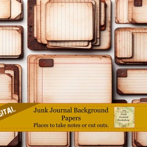 Impresiones digitales de fondo para páginas de diarios basura. Páginas de tarjetas de notas, papel y fichas rayadas. Añade dimensión a tus páginas.