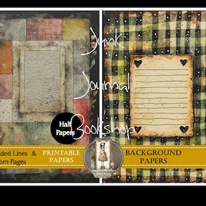 May include: Digital printable papers for junk journals. The image shows two pages with a watercolor effect. One page has a patchwork design, and the other has a plaid background. Both pages have lined paper with decorative elements.