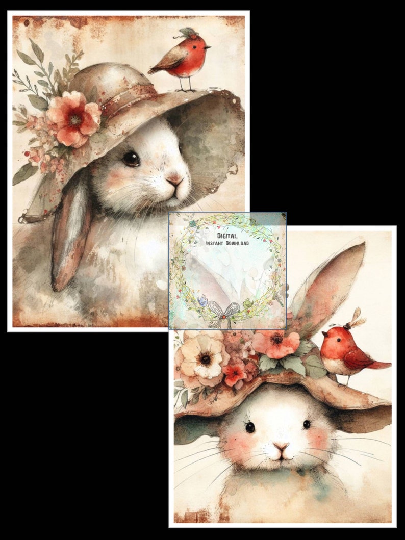 Digital Watercolor Prints of Whimsy Bunny Rabbits With Fancy Flowered ...