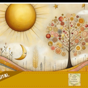 May include: A whimsical digital art print featuring a stylised sun, moon, and tree with colourful circles. The background is a soft beige with hints of pink and yellow.