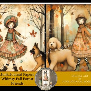 May include: Two digital art prints featuring whimsical fall forest scenes. The first print shows a girl in a patchwork dress walking with a German Shepherd dog. The second print shows a girl in a brown dress walking with a golden doodle dog. Both prints have a fall theme with leaves and trees.
