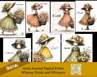 Digital Art Prints of Whimsical Petals and Whisper Girls.  Journal Backgrounds.  Wall Prints.  Portrait Design.  Junk Journal Bookshop.