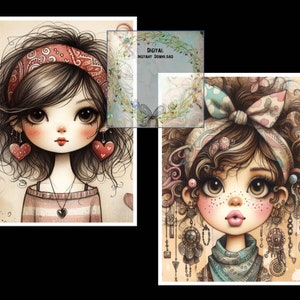 May include: Two digital illustrations of girls with large eyes, brown hair, and colorful headbands. The girl on the left has red heart earrings and a striped shirt. The girl on the right has a blue and white headband and a blue scarf. Both girls have a whimsical and cartoonish style.
