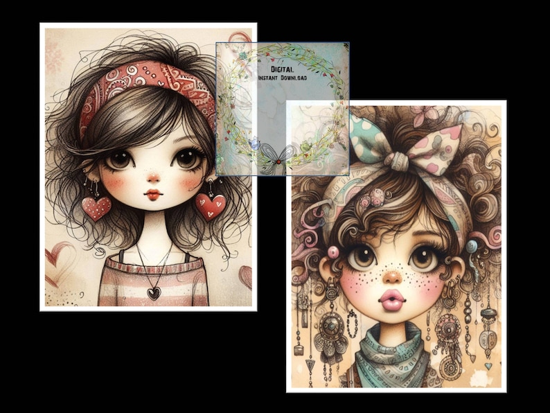 May include: Two digital illustrations of girls with large eyes, brown hair, and colorful headbands. The girl on the left has red heart earrings and a striped shirt. The girl on the right has a blue and white headband and a blue scarf. Both girls have a whimsical and cartoonish style.