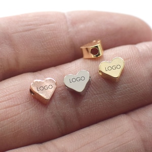 3 x 6 x 7 mm Solid Heart ,  Laser Engraved Beads , Laser Logo Beads ,Customized Laser Logo Beads  , Solid Mini Laser Logo Beads - Hole 2 mm