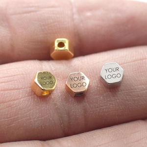 3 x 5 x 6 mm Solid Hexagon , Laser Engraved Beads , Laser Logo Beads ,Customized Laser Logo Beads  , Solid Mini Laser Logo Beads - Hole 2 mm