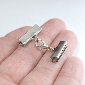 Silver Tone 19 mm Ribbon Crimps End Finished Connectors , Crimp End with Lobster