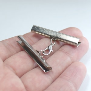 Silver Tone  40 mm Ribbon Crimps End Finished Connectors , Crimp End with Lobster