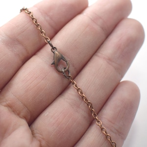 May include: A close-up of a copper-toned chain necklace with a lobster clasp. The chain is delicate and has a slightly textured finish.