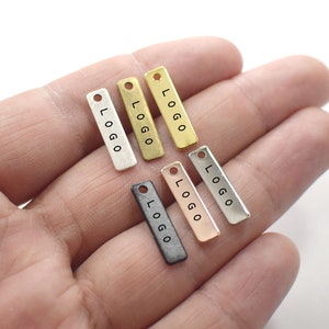 Custom Logo Rectangle Label Tag - Personalized Logo Charms -Jewelry Tag Charms - 0.8 x 5 x 20 mm - Rectangular Label Findings - 1 Hole