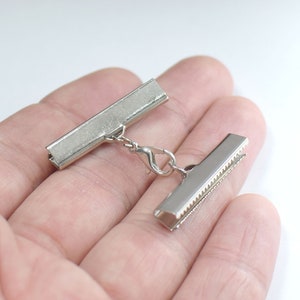 Silver Tone 30 mm Ribbon Crimps End Finished Connectors , Crimp End with Lobster