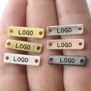 Custom Logo Rectangle Label Tag - Personalized Logo Charms -Jewelry Tag Charms - 0.8 x 5 x 20 mm - Rectangular Label Findings - 2 Hole