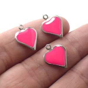 13 x 16 mm , Silver Tone Color - Heart Pink Enamel Necklace, Heart  Pink  Enamel Pendant - 1 Hole