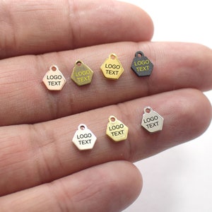 Custom Jewelry Logo Charms -Personalized Logo Charms -Jewelry Tag Charms - 0.8 x 6 mm Mini Hexagon Laser Engraved - Jewelry Label Findings