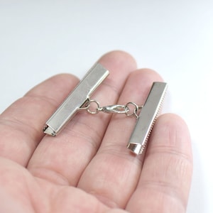 Silver Tone 36 mm Ribbon Crimps End Finished Connectors , Crimp End with Lobster