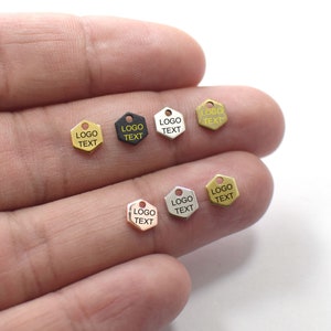 Custom Jewelry Logo Charms -Personalized Logo Charms -Jewelry Tag Charms - 0.8 x 6 mm Mini Hexagon Laser Engraved - Jewelry Label Findings