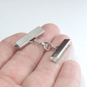 Silver Tone 25 mm Ribbon Crimps End Finished Connectors , Crimp End with Lobster