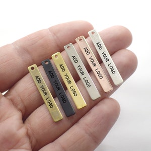 Custom Logo Rectangle Label Tag - Personalized Logo Charms -Jewelry Tag Charms - 0.8 x 5 x 35 mm - Rectangular Label Findings - 1 Hole