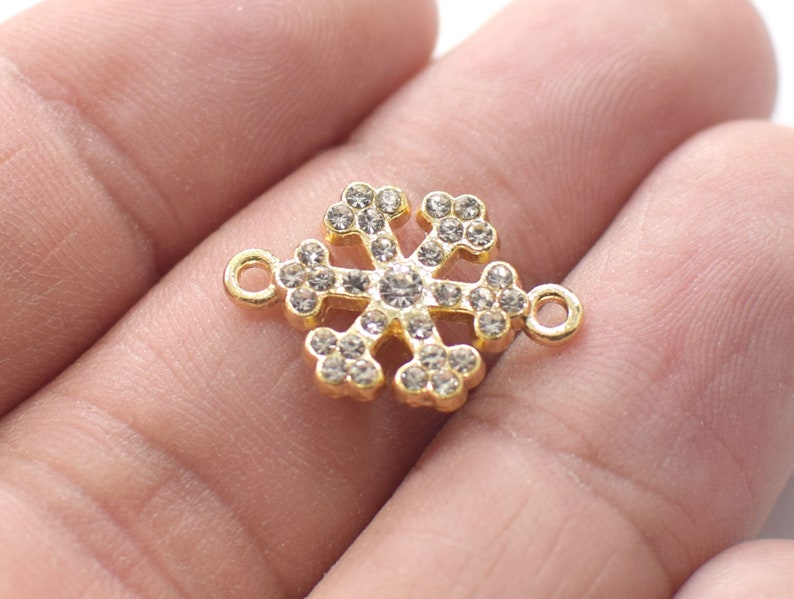 2 Hole Pendant Charms 12 x 20 mm NF0272 24K Shiny Gold Plated Crystal Stone Snowflake Bracelet